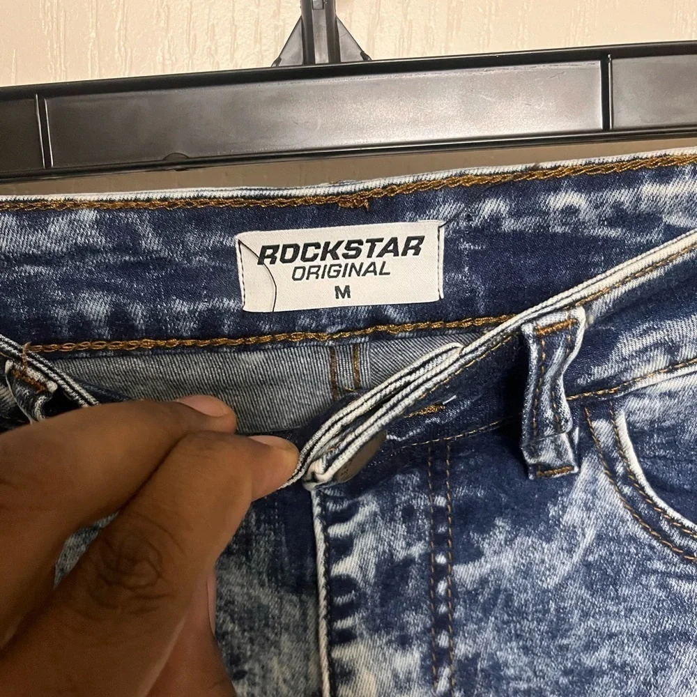 Women’s Distressed Punk Paint Blue Denim Shorts - Picture 3 of 5